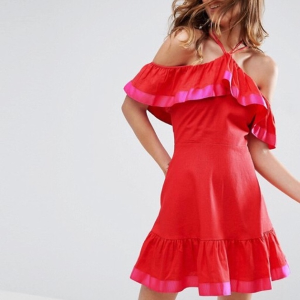 ASOS PINK AND RED LINEN COLD SHOULDER DRESS